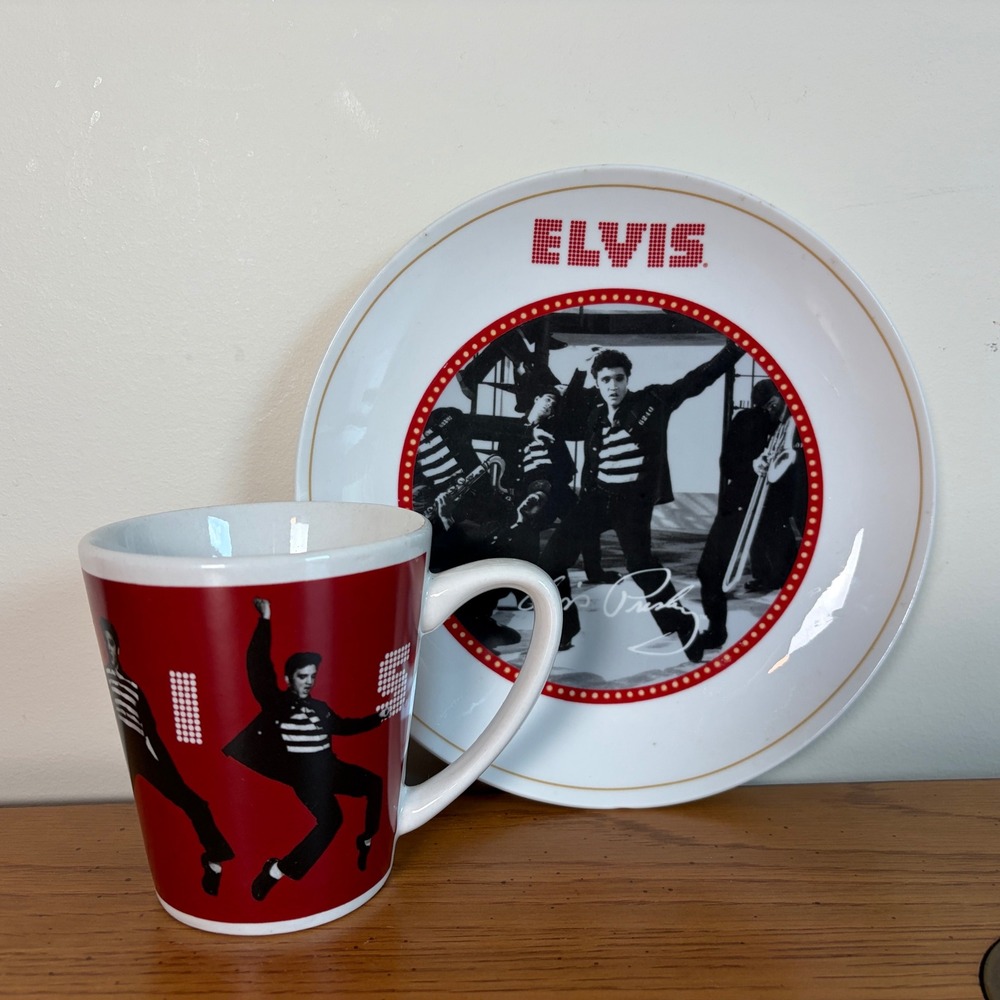 Elvis Presley Signature Product Plate and Mug Set Jailhouse Rock Red White